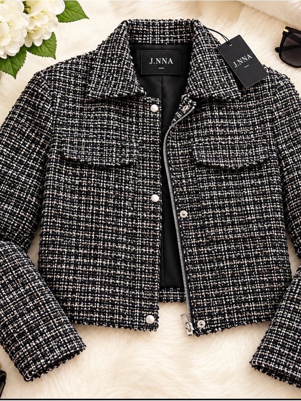J.NNA Black & White Tweed Cropped Blazer